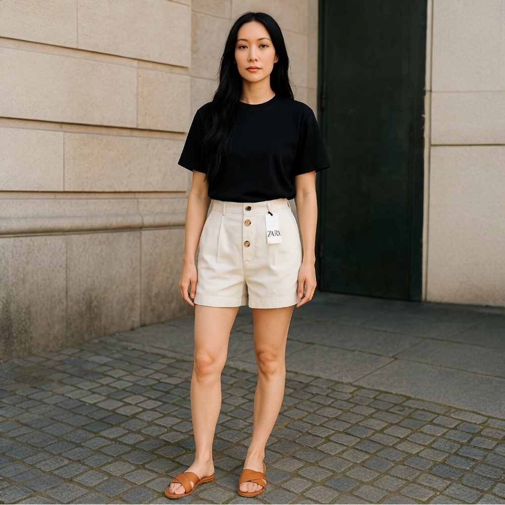 Zara High Waist Cream Shorts